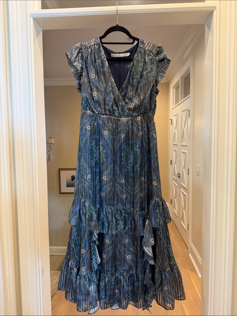 Marie Oliver Blue silk Floral V-Neck Ruffle Maxi Dress(LS)